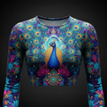 Long-sleeve crop top with vibrant neon peacock, mandala, and lotus print in blue, teal, magenta, and gold on black.