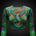 Long-sleeve crop top featuring a vibrant Quetzalcoatl phoenix in teal, gold, and pink over Aztec circular art.
