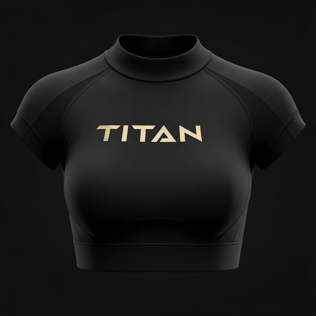 Black short-sleeve high-performance crop top with a mock neck and metallic gold "TITAN" logo on the chest.