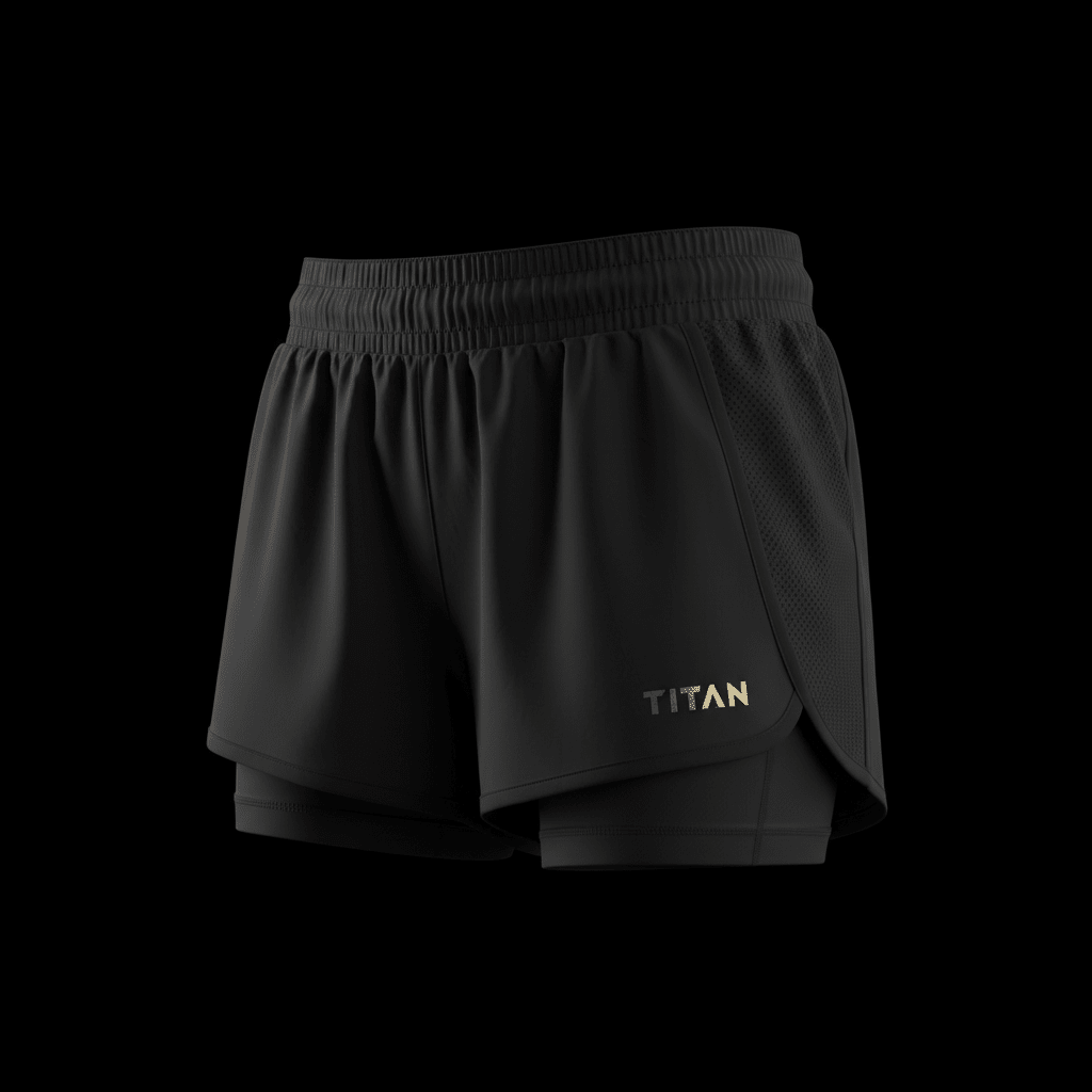 Black TITAN women's running shorts featuring a built-in liner, elastic waistband, side mesh panels, and gold logo.