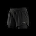 Black TITAN women's running shorts featuring a built-in liner, elastic waistband, side mesh panels, and gold logo.