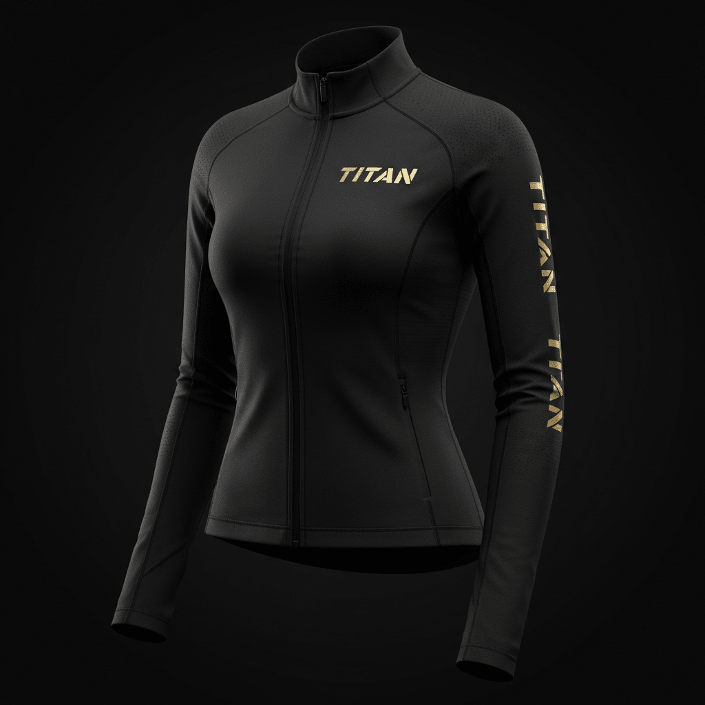TITAN black women’s lightweight sports jacket with gold logo on chest and sleeve, stand collar, and zip-up front.