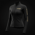 TITAN black women’s lightweight sports jacket with gold logo on chest and sleeve, stand collar, and zip-up front.