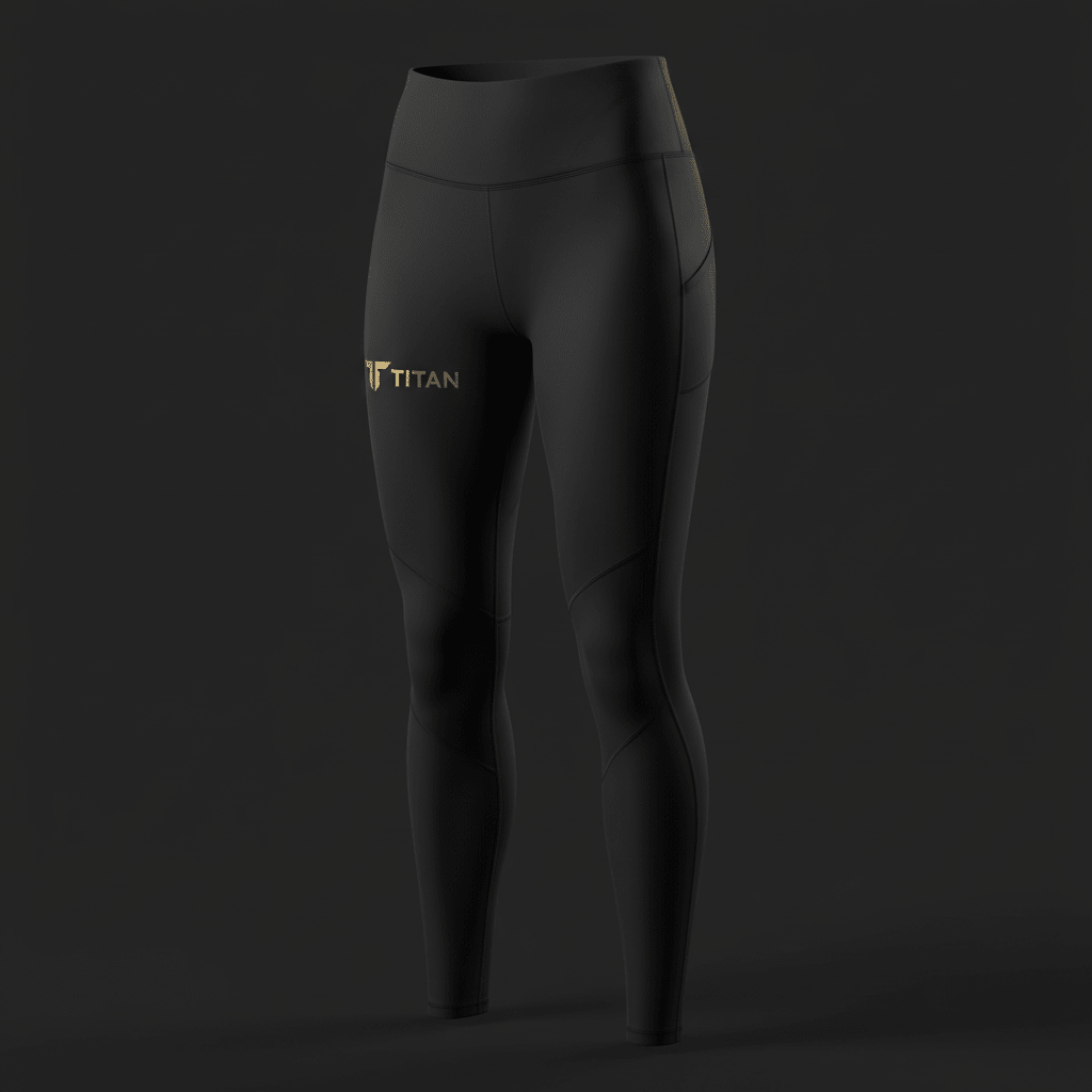 Black high-waisted TITAN capri leggings with a gold logo on the thigh, side pockets, and reinforced seam detailing.
