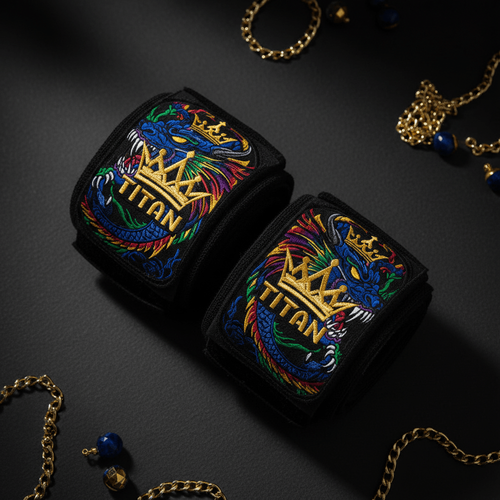 Black Titan wrist wraps with embroidered blue dragon, gold crown logo, and colorful accents on dark background.